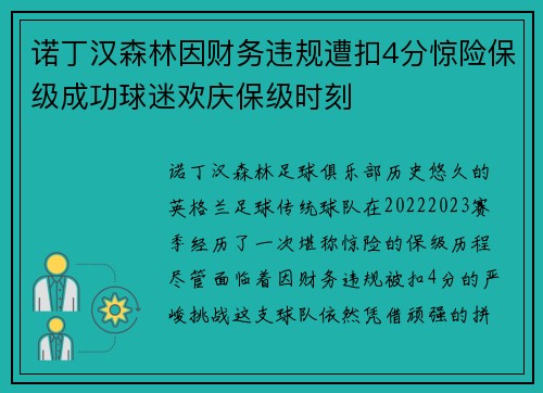 诺丁汉森林因财务违规遭扣4分惊险保级成功球迷欢庆保级时刻