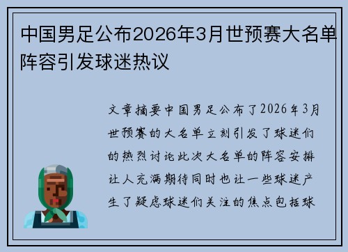 中国男足公布2026年3月世预赛大名单阵容引发球迷热议